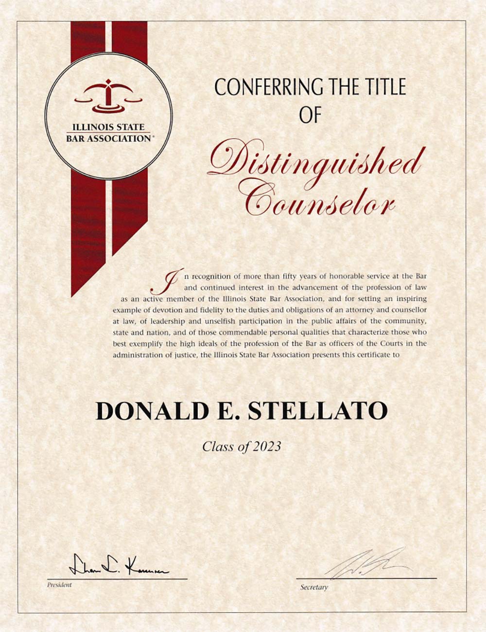 Mr. Stellato recognized as a Distinguished Counselor by the Illinois State Bar Association (ISBA)